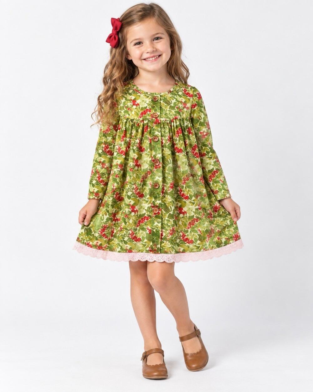 Sweet Honey Girls Size 6 Christmas Holly Berry Dress Tunic Green Lace Trim